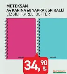 METEKSAN A4 KARİNA 60 YAPRAK SPİRALLİ ÇİZGİLİ/KARELİ DEFTER indirimli fiyat METEKSAN A4 KARİNA 60 YAPRAK SPİRALLİ ÇİZGİLİ/KARELİ DEFTER fiyat ve kampanya bilgisi